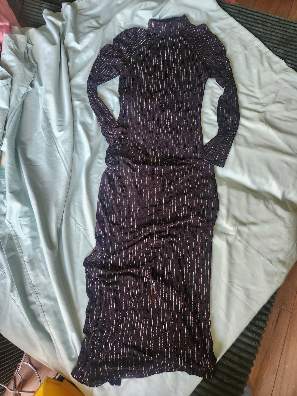 Roberta Bridal Long-Sleeve Metallic-Strip Maxi Dress in Black